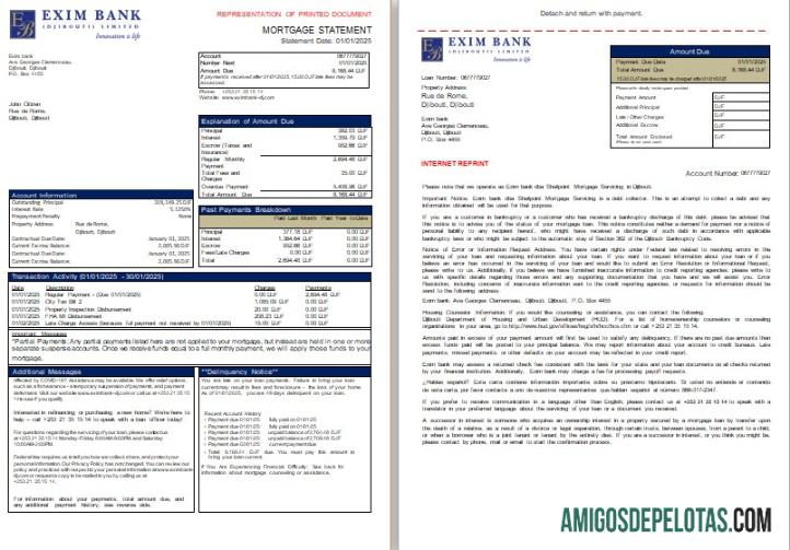 Extrato de hipoteca do Djibouti Exim Bank, 3 páginas, 1 2 Scr exemplo real